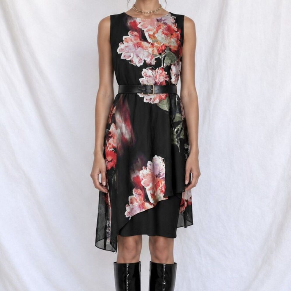 Vintage Y2K Black Red Sleeveless Asymmetric Hem Floral Knee Length Dress Size M